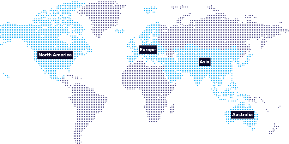 A world map with continents labeled: North America, Europe, Asia, and Australia. The continents are depicted using a pattern of blue and purple dots against a black background.