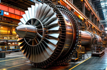 A large industrial turbine with numerous blades is positioned inside a spacious factory. The setting features high ceilings, steel beams, and bright lighting