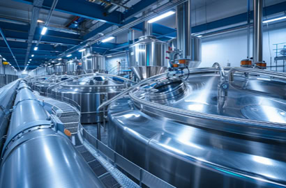 Industrial brewery interior with large stainless steel fermentation tanks and pipes. The room is well-lit with blue and white lights.