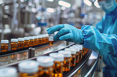 A worker in protective clothing inspects small brown glass bottles on a conveyor belt in a pharmaceutical manufacturing facility.