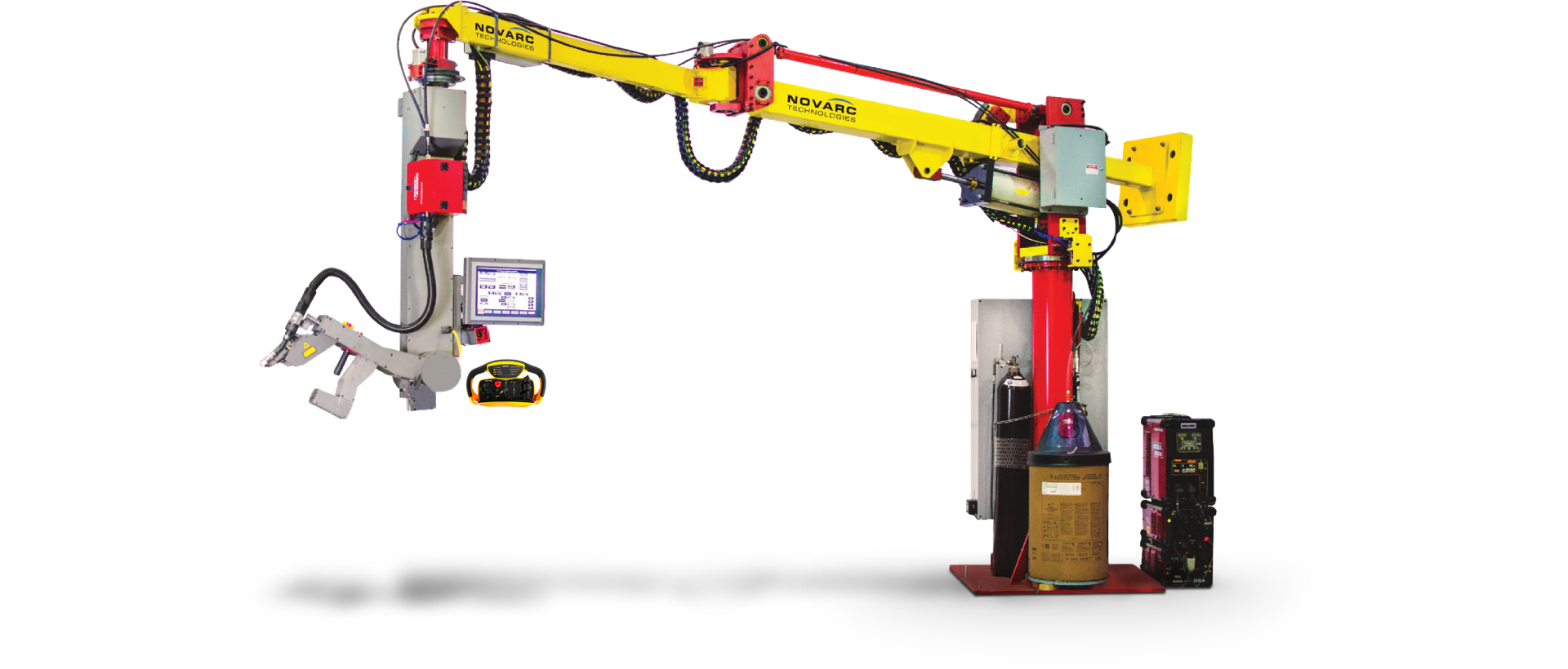 Robotic welding arm positioned for pipe welding, featuring a yellow and red design. Includes a control panel with a screen and handheld controller,