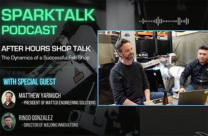 A podcast title "SPARKTALK PODCAST" displayed on screen, featuring "After Hours Shop Talk" with guests Matthew Yarmuch and Ringo Gonzalez. Two men sit in a workshop setting with microphones, surrounded by equipment.