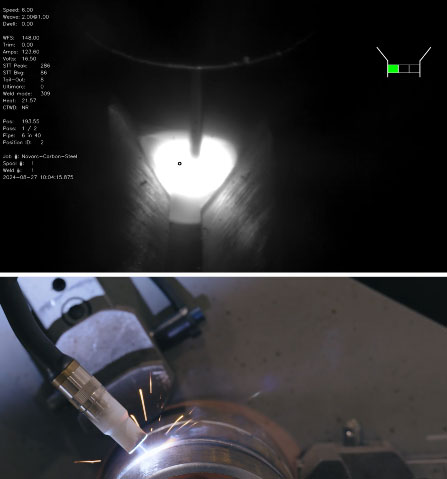 The image shows a split view: the top half is a thermal image of a welding process with technical data overlay, and the bottom half displays a close-up of a welding torch emitting sparks while working on a metallic part.