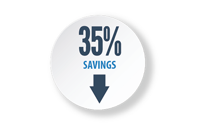 A circular graphic displaying "35% Savings" in bold letters, with a downward-pointing arrow beneath the text.