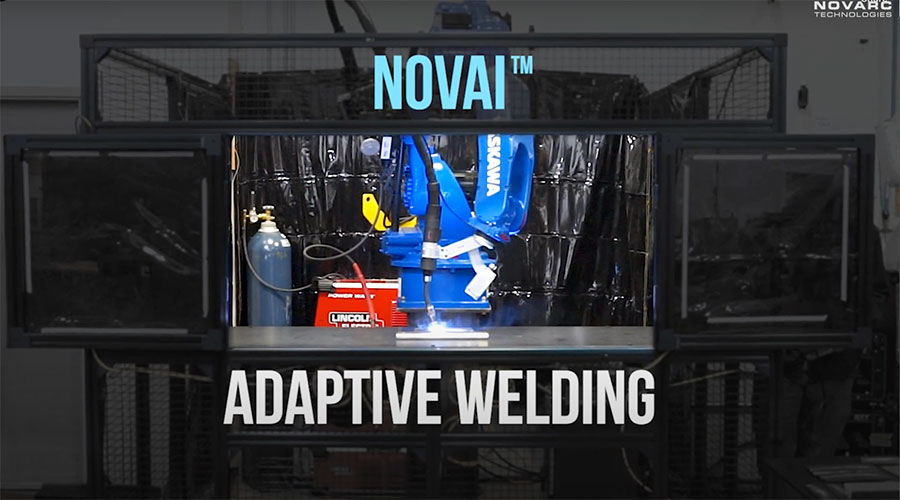 A robotic arm with "Novai" branding inside a welding enclosure labeled "Adaptive Welding."