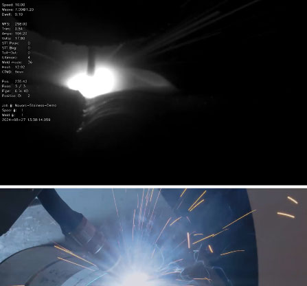 The image shows a split view: the top half is a thermal image of a welding process with technical data overlay, and the bottom half displays a close-up of a welding torch emitting sparks while working on a metallic part.