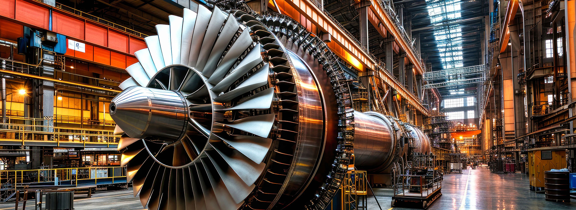 A large industrial turbine in a spacious, well-lit factory. The turbine's metallic blades shine under bright overhead lights. The expansive space is filled with additional machinery and equipment.