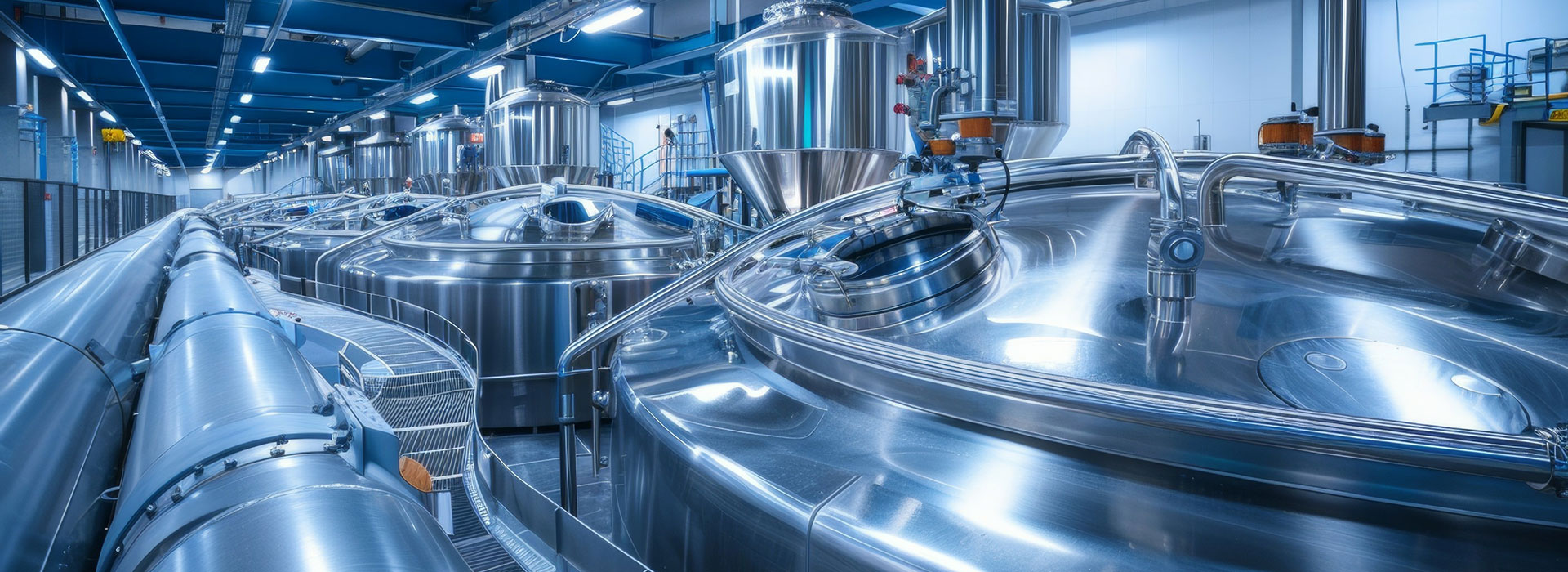 A large industrial brewery interior with numerous stainless steel fermentation tanks and pipes. The setting is clean and well-lit, showcasing modern brewing equipment and technology under a blue ceiling.