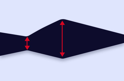 Abstract dark shape on a light background with two red arrows pointing vertically in opposite directions, indicating different widths at different points of the shape.