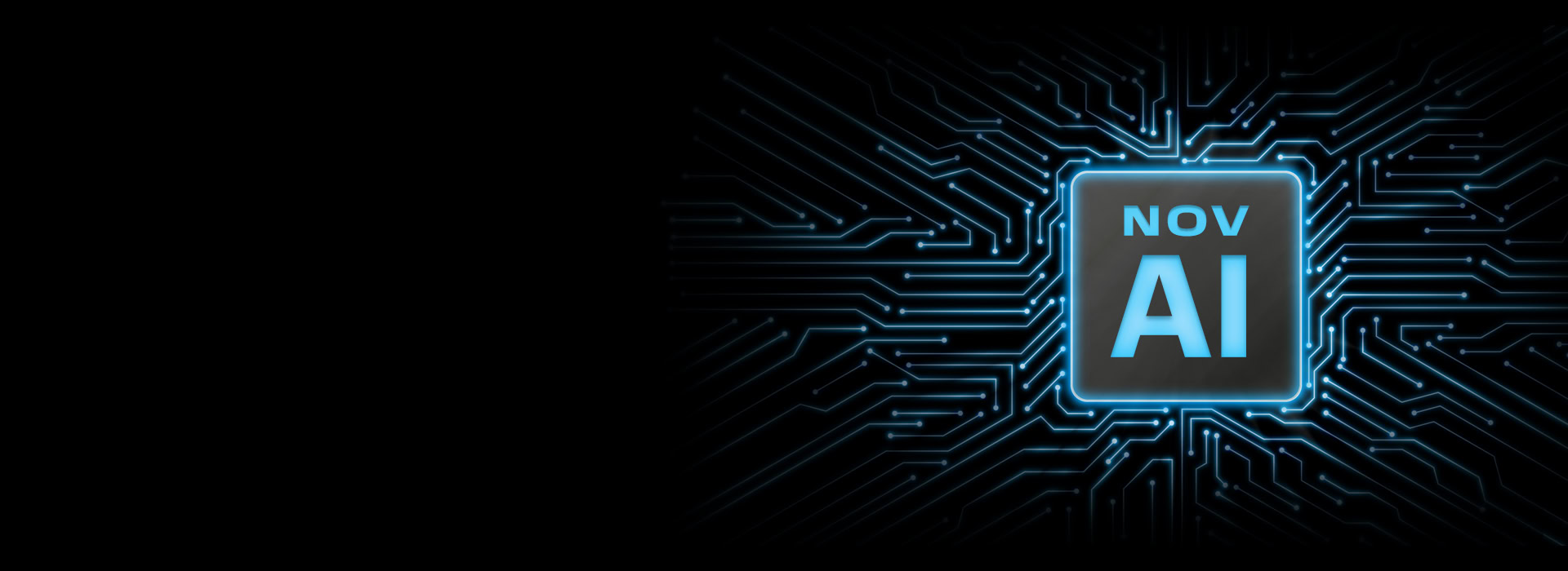 A glowing blue square with the text "NOV AI" is surrounded by circuit-like lines on a black background, representing technology and innovation.