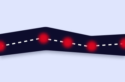 A wavy black line with a white dashed line runs horizontally across a light blue background. Red glowing dots are evenly spaced along the dashed line, creating a path-like appearance.