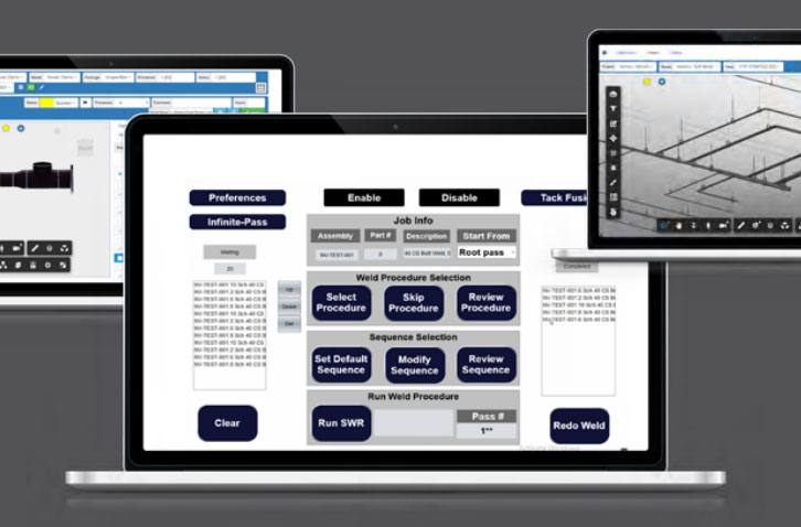 Three laptops display different digital interfaces. The center laptop shows a welding procedure screen with various options and settings. The left screen displays a schematic, and the right one shows a construction layout plan.