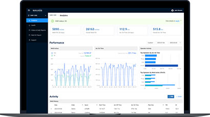 A laptop screen displays an analytics dashboard with performance charts, graphs, and data summaries. The interface includes sections for health, analytics, and components, showing various metrics and statistics in a clean layout.