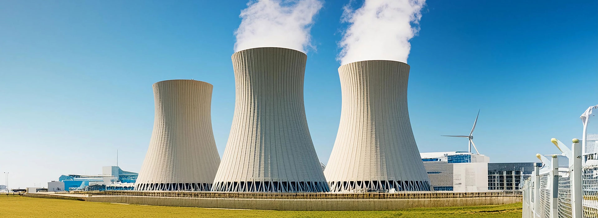 A nuclear power plant with three large cooling towers emitting steam against a clear blue sky. A wind turbine is visible in the background, and the surrounding area is grassy.