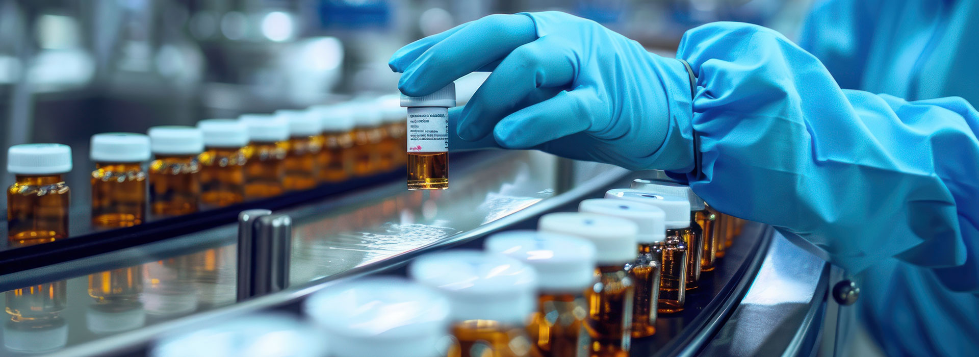 A person wearing blue gloves is handling a small bottle on a conveyor belt filled with similar bottles. The scene appears to be in a laboratory or pharmaceutical setting, suggesting quality control or production.