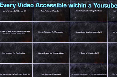 Grid of 12 tiles with tips on using the SVVR system, including turning it on/off, adjusting features, adding users, importing recipes, accessing recordings, and safety procedures. Header: "Every Video Accessible within a Youtube Playlist.