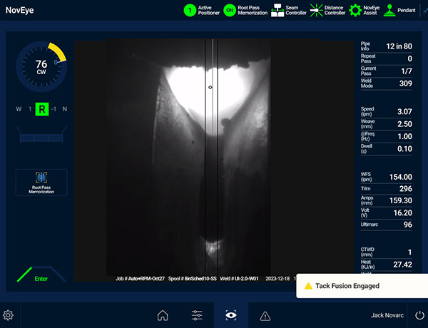 A screen displaying welding diagnostics with various parameters. On the left, a circular gauge shows 76 CW. The center shows a grayscale image of the welding process. A notice reads "Tack Fusion Engaged" in the lower right.