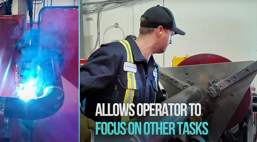 A worker in a cap and safety gear operates machinery in a workshop. Blue sparks can be seen from the equipment on the left. Text on the image reads, "Allows operator to focus on other tasks.