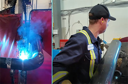 On the left, a bright blue welding process is taking place on a large metal pipe. On the right, a worker wearing a black cap and safety gear holds a metal pipe, observing the process.