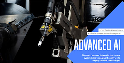 A robotic welding arm labeled "NOVARC" in a manufacturing setting. The arm is positioned near a metal structure with on-screen text reading "Advanced AI" describing a data collection system improving weld quality.