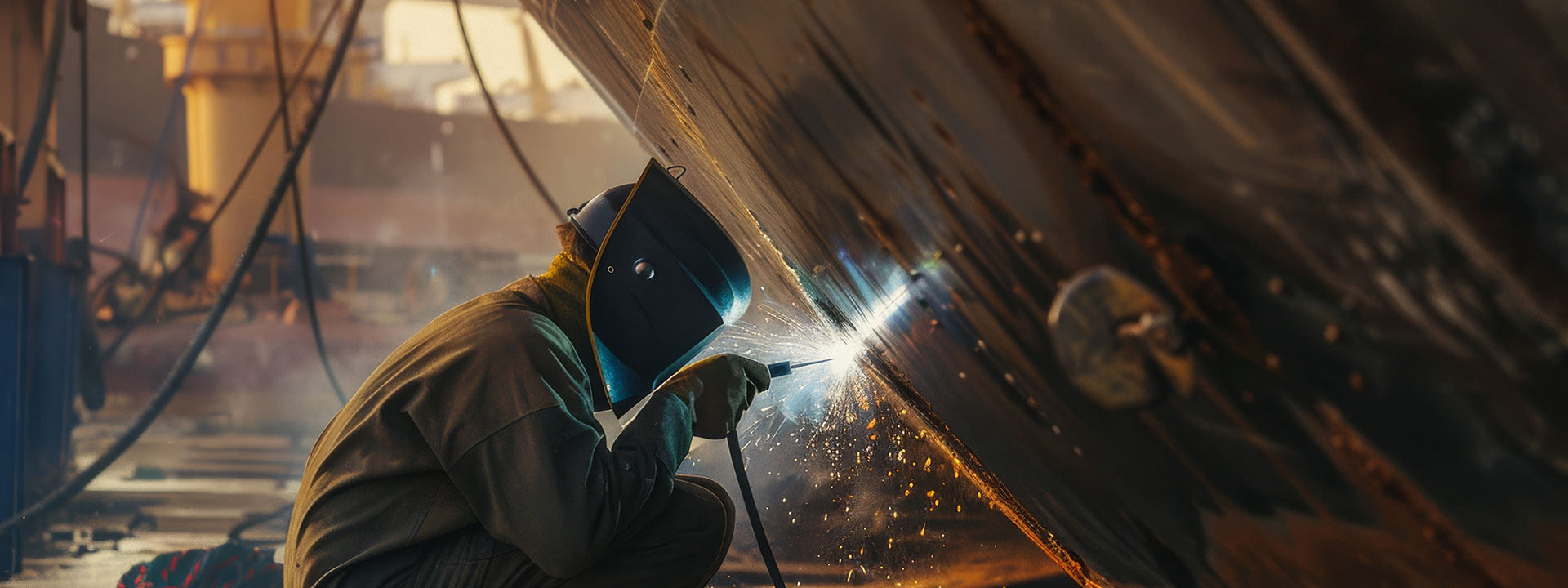 A welder wearing protective gear works on a large metal structure, with sparks flying as the welder's torch glows brightly.