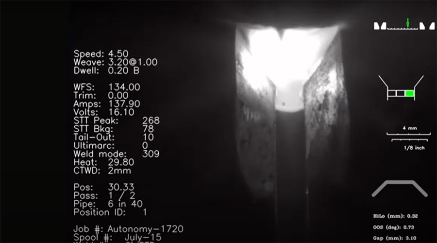 Close-up of a welding process inside a narrow space. A bright light is visible at the center, surrounded by dark walls. Various technical data such as speed, amps, volts, and position are displayed on the left side of the image.