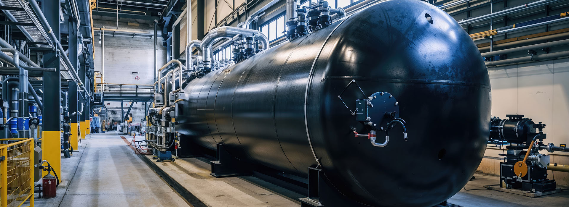 Industrial interior with a large, black cylindrical pressure vessel. Pipes and valves are connected to the tank. The space is well-lit, with high ceilings and metal structures.